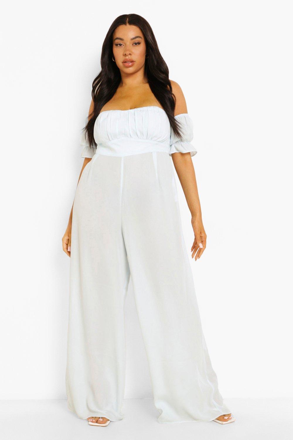 Plus size white off the shoulder jumpsuit on sale